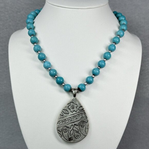 Coldwater Creek Necklace Turquoise Beaded 10mm Teardrop Pendant Reversible - Picture 2 of 6
